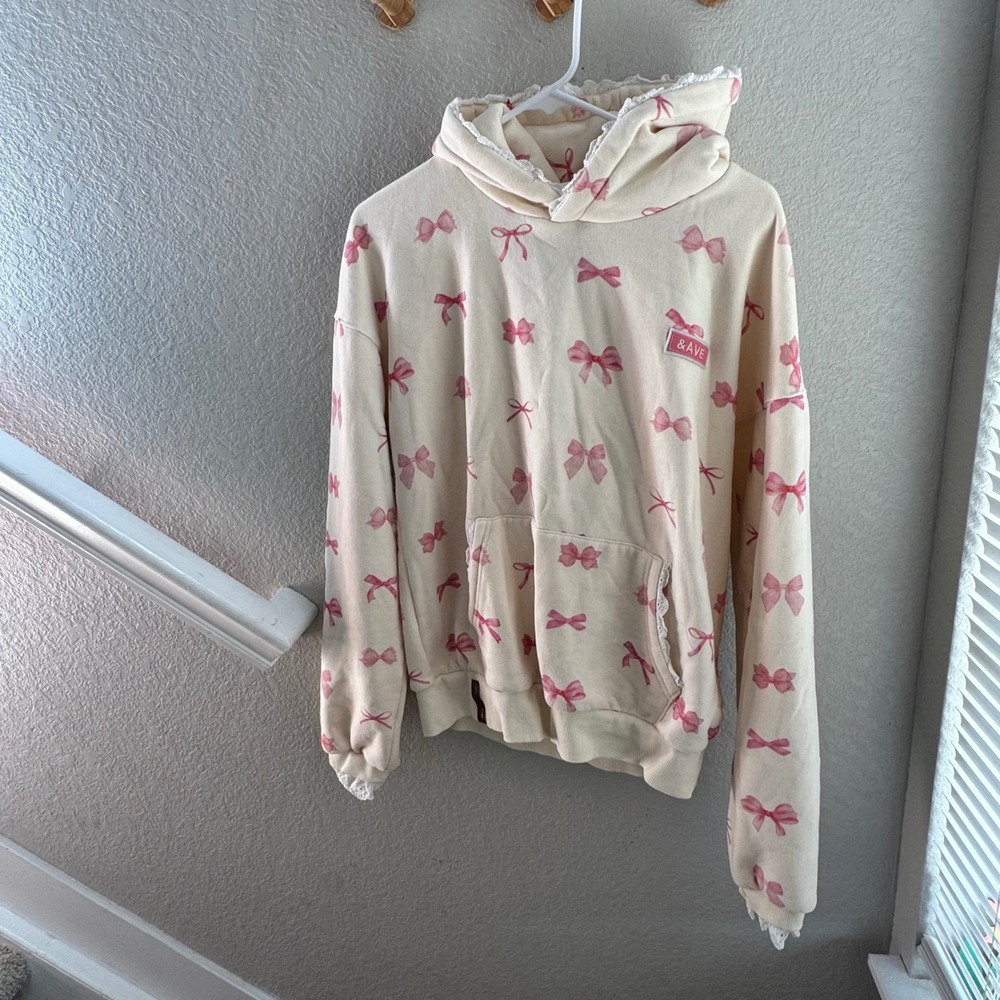 Ampersand Avenue Pink Bow Print Lace Trim Hoodie Cream Coquette Sweatshirt